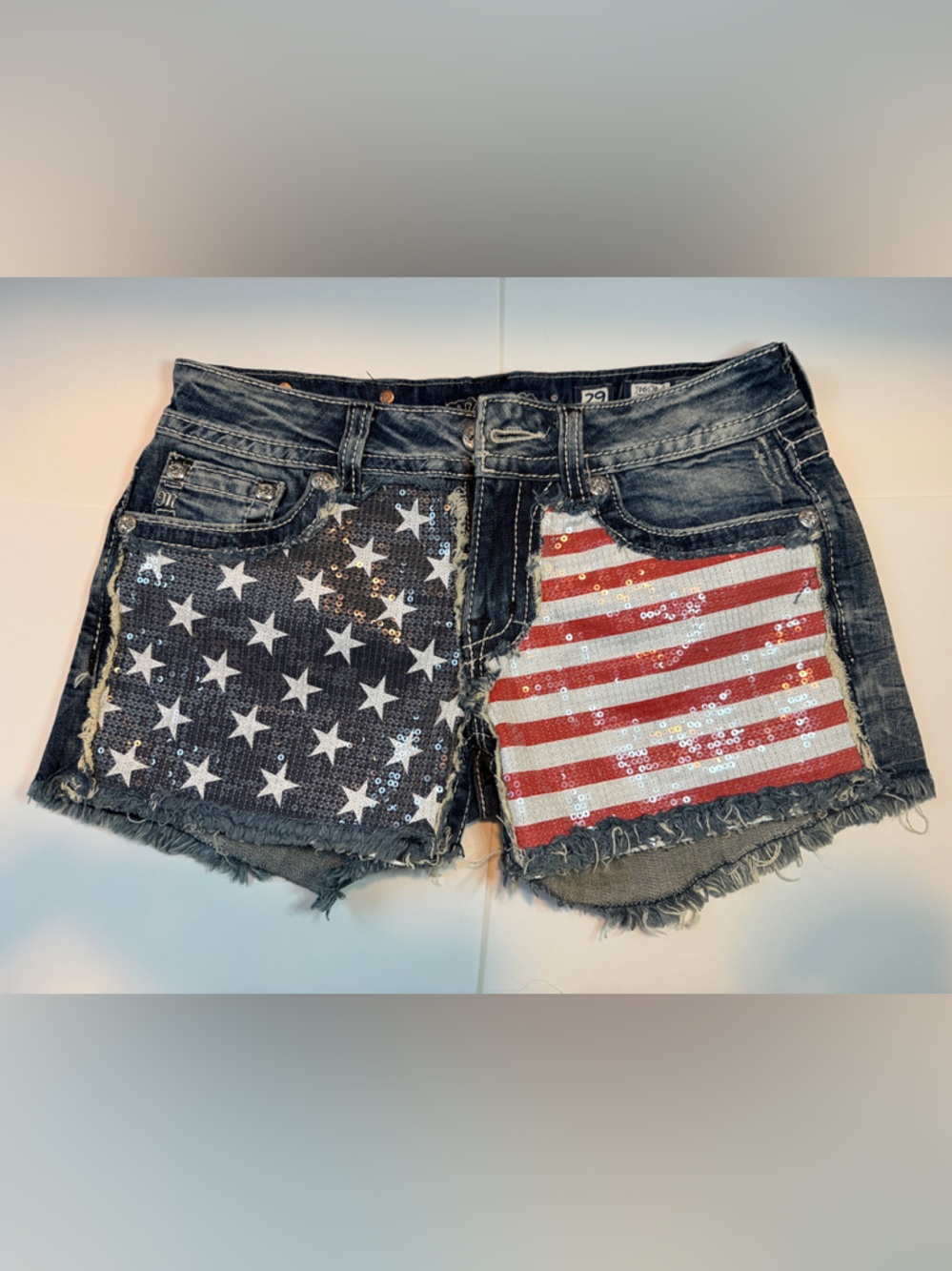 Miss Me Dark Denim Jean Shorts with Red & White American Flag Sequin Panels